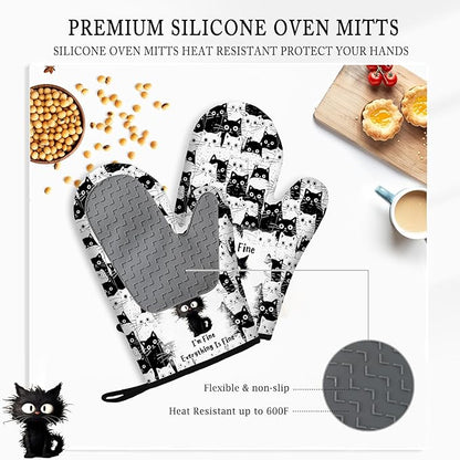 Black Cat Oven Mitts and Pot Holders Sets 3PCS, Cat Silicone Heat Resistant - Image 4