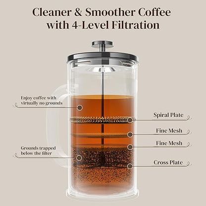 Veken French Press Coffee Maker 34oz, No Plastic Touching Cafe, Thickened Glass - Image 7