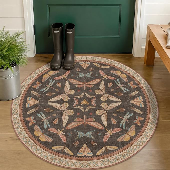 Washable 4ft Round Area Rug for Entryway Indoor, Vintage Brown Circle Rug for by HazoHaus