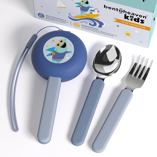 Bentoheaven Kids Travel Utensils with Case, Food-Grade Stainless Steel & BPA-Free Plastic, Travel Kid Cutlery Set, Dishwasher Safe Fork, Spoon & Case, Reusable Flatware, Silverware for Kids (Shark)