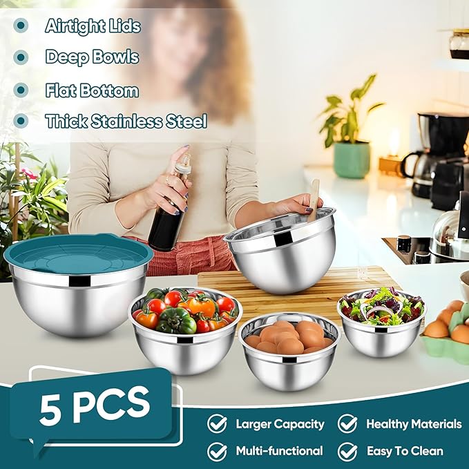TeamFar Mixing Bowl Set of 5, Stainless Steel 4.5/3/1.5/1/0.7 QT Metal Nesting - Image 3