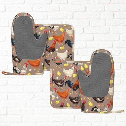 Fun Hen Chicken Rooster Oven Mitts and Pot Holders Set of 4 Silicone Heat - Image 5
