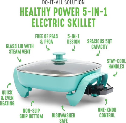 GreenLife 12" 5QT Square Electric Skillet, Glass Vented Lid, Ceramic PFAS-Free - Image 3
