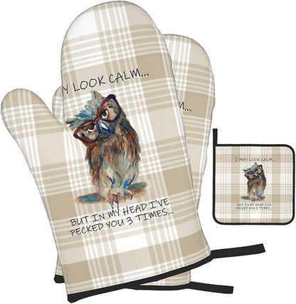 Funny Owl Oven Mitts and Pot Holders Sets of 3 Kitchen Hot Pads Cute Buffalo - Image 2