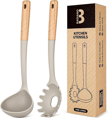 Pasta Fork and Ladle Set, and Sauce Pasta, BPA-Free Matte Silicone, Wood Handle by BADIANO