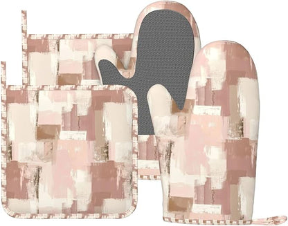Oven Mitts and Pot Holders Set, Modern Art Dusty Pink Abstract Silicone Kitchen by DADABULIU