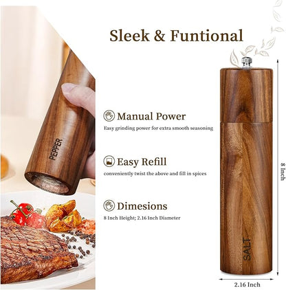 XWXO 2 Pack Acacia Wooden Salt and Pepper Grinder Set 8 Inches Refillable Salt - Image 2