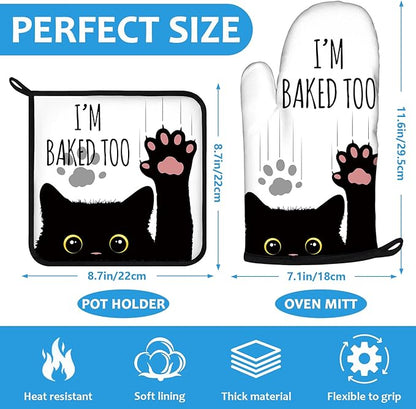 Funny Black Cat Oven Mitts and Pot Holders Sets Heat Resistant 4Pcs Potholders - Image 2