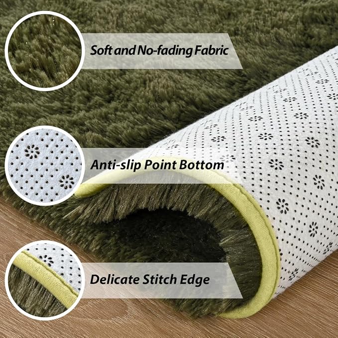 Andecor Shag Area Rug for Living Room, 3x5 Feet Olive Green Soft Fluffy Indoor - Image 5