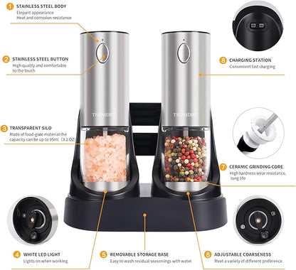 Stainless steel Electric Salt and Pepper Grinder Set, Large Capacity Automatic - Image 5