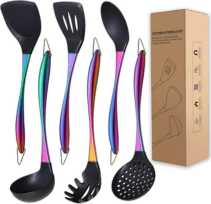 Kitchen Utensils Set, Large Non-stick Silicone Cooking Utensils Set 6 Pcs by QRU