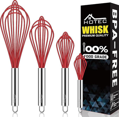 HOTEC 4 Pieces Silicone Whisks Set, Wire Balloon Whisks Egg Beater, Non-slip by Hotec