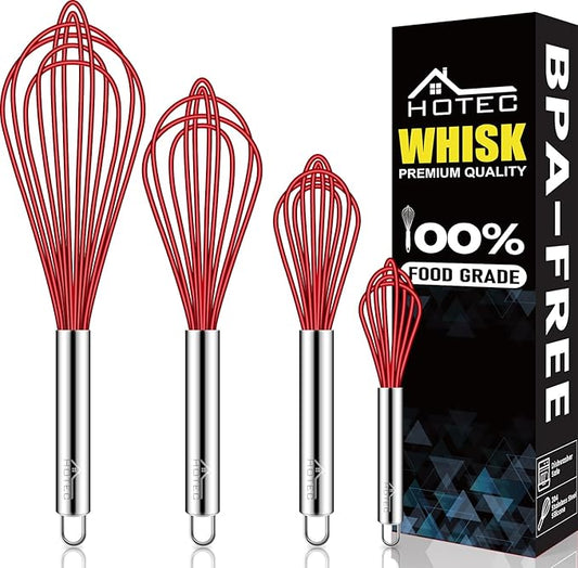 HOTEC 4 Pieces Silicone Whisks Set, Wire Balloon Whisks Egg Beater, Non-slip by Hotec
