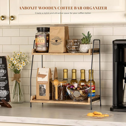 ANBOXIT Countertop Coffee Station Organizer, 2 Tier Wooden Shelf - Image 3