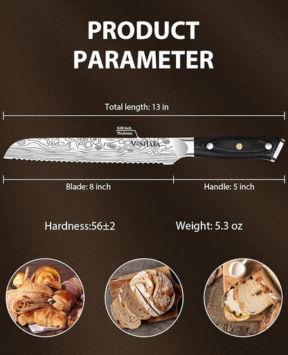 MOSFiATA Bread Knife 8” Ultra Sharp Serrated Knife, German High Carbon - Image 3