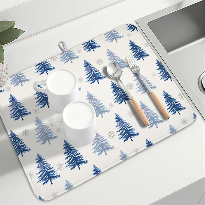 Winter Dish Drying Mat 18 x 24 Inch Blue Tree Dish Drying Pad Absorbent - Image 8