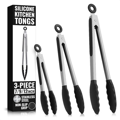 Kitchen Tongs Set of 3-7/9/12" Silicone Tipped Tongs by Lagarto