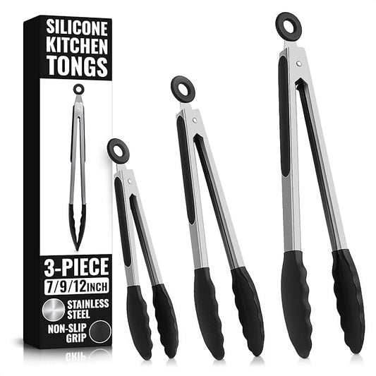 Kitchen Tongs Set of 3-7/9/12" Silicone Tipped Tongs by Lagarto