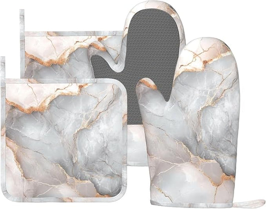 Oven Mitts and Pot Holders Gray Pastel Pink Marble Absstract Silicone Kitchen by DADABULIU