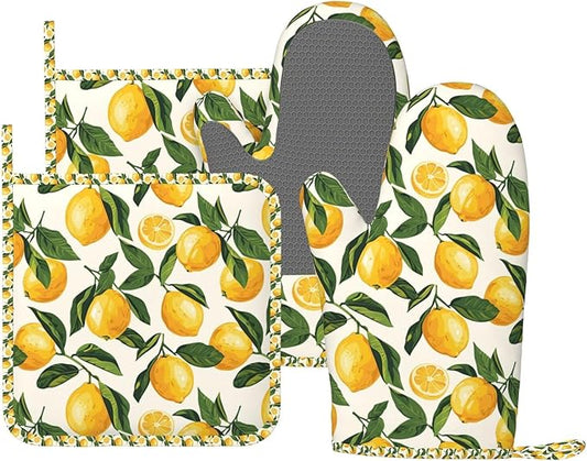 Oven Mitts and Pot Holders Set, Lemon Fruit Watercolor Silicone Kitchen by DADABULIU