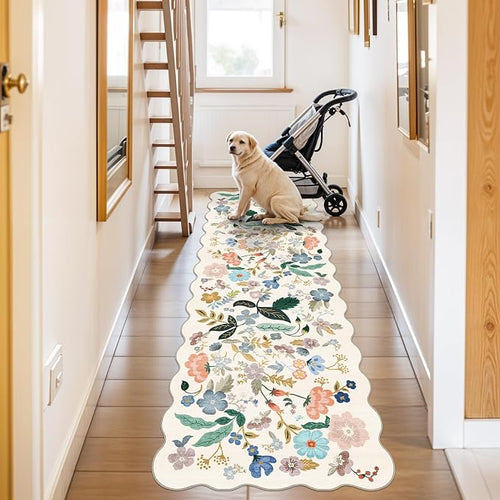 2x10 Washable Hallway Runner Rug: Long Floral Scalloped Soft Runners - Image 2