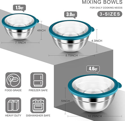 HaWare Mixing Bowls with Airtight Clear Lids, 6-Piece Stainless Steel Strong - Image 2