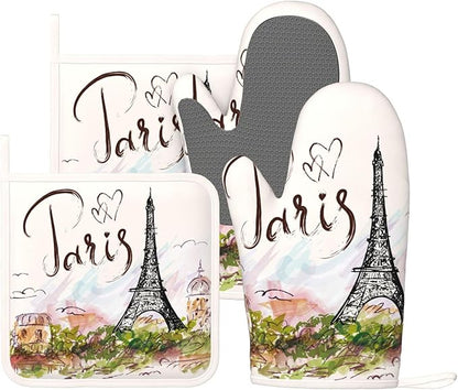 Pretty Romantic Paris Eiffel Tower Oven Mitts and Pot Holders Sets of 4 by Echoserein
