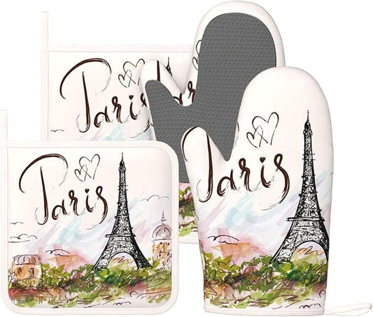 Pretty Romantic Paris Eiffel Tower Oven Mitts and Pot Holders Sets of 4 by Echoserein