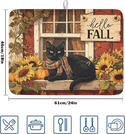 Fall Dish Drying Mat for Kitchen Counter Vintage Autumn Cat Sunflower Pumpkin - Image 2