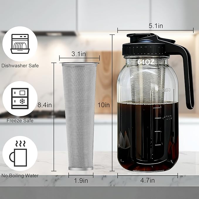 Cold Brew Coffee Maker, 64oz Iced Coffee Tea Pitcher with Stainless Steel Filter & Coffee Mat, 1/2 Gallon Heavy Duty Glass Mason Jar Cold Brew Maker with Pour Spout Handle Lid, 2 Brushes, Leak-Proof