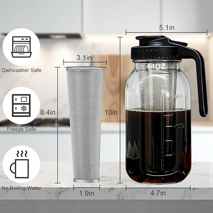 Cold Brew Coffee Maker, 64oz Iced Coffee Tea Pitcher with Stainless Steel Filter & Coffee Mat, 1/2 Gallon Heavy Duty Glass Mason Jar Cold Brew Maker with Pour Spout Handle Lid, 2 Brushes, Leak-Proof