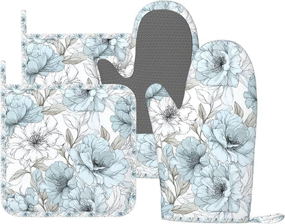 Oven Mitts and Pot Holders Set, Vintage Pastel Flower Peony Silicone Kitchen by DADABULIU