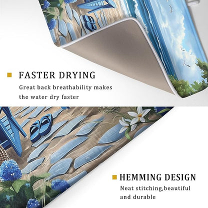 Summer Beach Chairs Dish Drying Mat Sea Wave Blue Floral Drying Mat fo Kitchen - Image 3