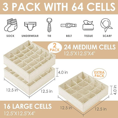 Criusia 3 Pack Sock Underwear Drawer Organizer Dividers, 64 Cell Fabric - Image 2