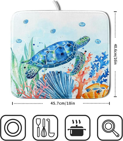 Giwawa Sea Turtle Dish Drying Mat 16x18in Watercolor Blue Tortoise Dish Drainer - Image 2