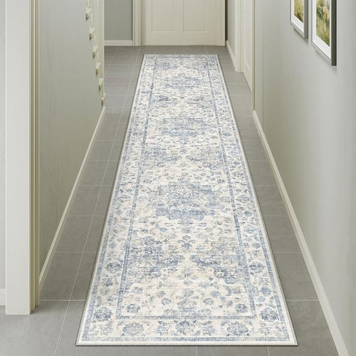 2x10 Washable Neutral Runner Rug Blue Vintage Hallway Kitchen Carpet Non-Slip - Image 2