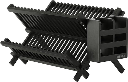 HBlife Dish Rack, Bamboo Folding 2-Tier Collapsible Drainer Dish Drying Rack by HBlife