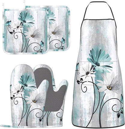 Teal Daisy Oven Mitts Pot Holders Cooking Apron Set of 5 Silicone Farm Teal by Unknown
