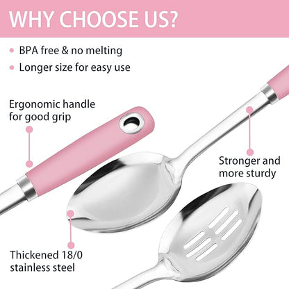 14-in Pink Cooking Spoons Set, Heavy Duty 18/0 Stainless Steel Large Serving - Image 4