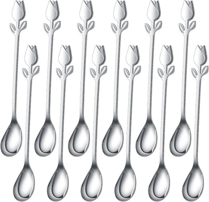 Silver Tulip/Rose Handle 12-Pcs Mini Coffee Spoons Set by SGvrPvz