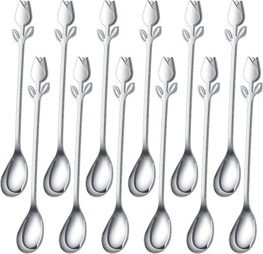 Silver Tulip/Rose Handle 12-Pcs Mini Coffee Spoons Set by SGvrPvz