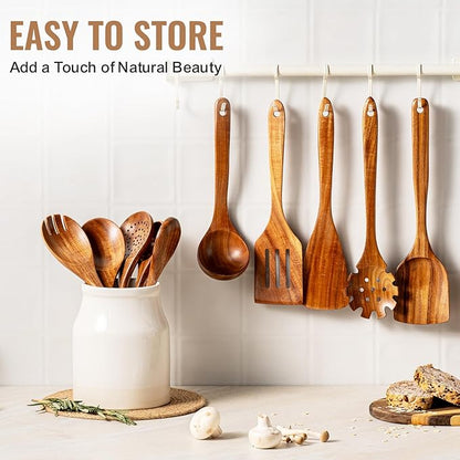 Terlulu 10 Pcs Wooden Spoons for Cooking, Natural Teak Wooden Kitchen Utensils - Image 6