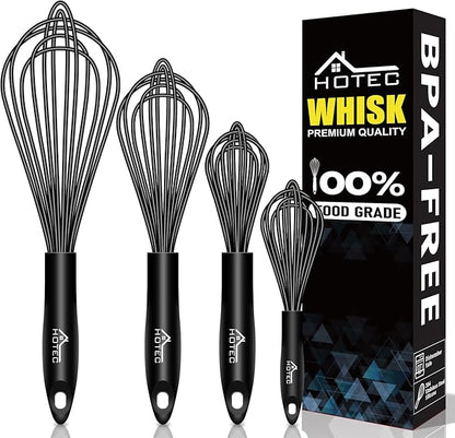 HOTEC 4 Pieces Silicone Whisks Set, Wire Balloon Whisks Egg Beater, Non-slip by Hotec