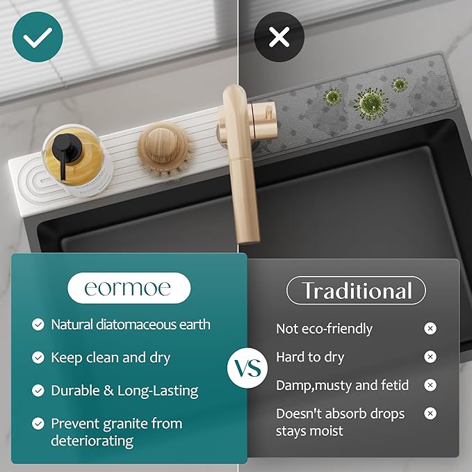 Eormoe Faucet Mat for Kitchen Sink – Diatomite Stone Drying Mat & Sink - Image 6