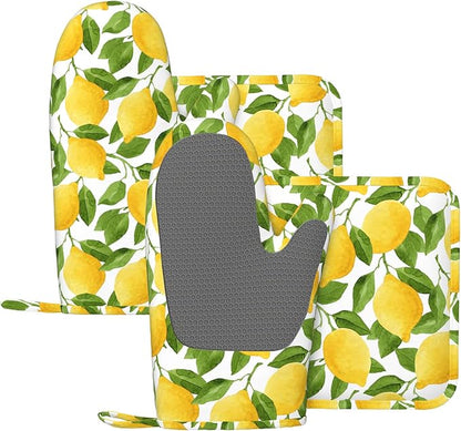 Lemon Oven Mitts and Pot Holders Sets of 4, Resistant Hot Pads by Nelife