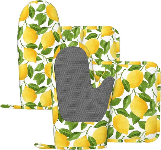 Lemon Oven Mitts and Pot Holders Sets of 4, Resistant Hot Pads by Nelife