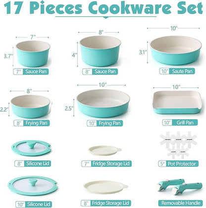SENSARTE 17 Piece Ceramic Pots and Pans Set, Nonstick Detachable Handle Cookware - Image 2