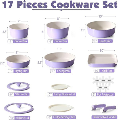 SENSARTE 17 Piece Ceramic Pots and Pans Set, Nonstick Detachable Handle Cookware - Image 2