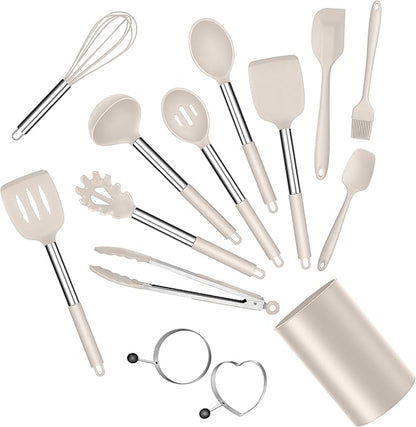 E-far Silicone Cooking Utensils Set, 14-Piece Khaki Kitchen Utensils Set by E-far