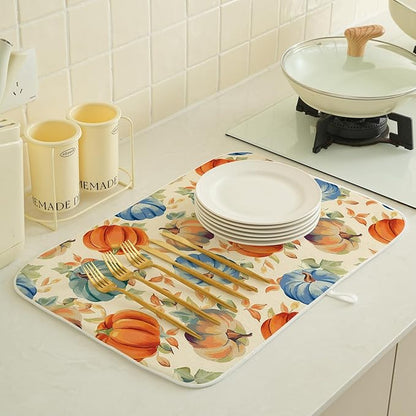 Fall Dish Drying Mat 18x24 Inch Burnt Orange Blue Green Pumpkin Leaves Drying - Image 4
